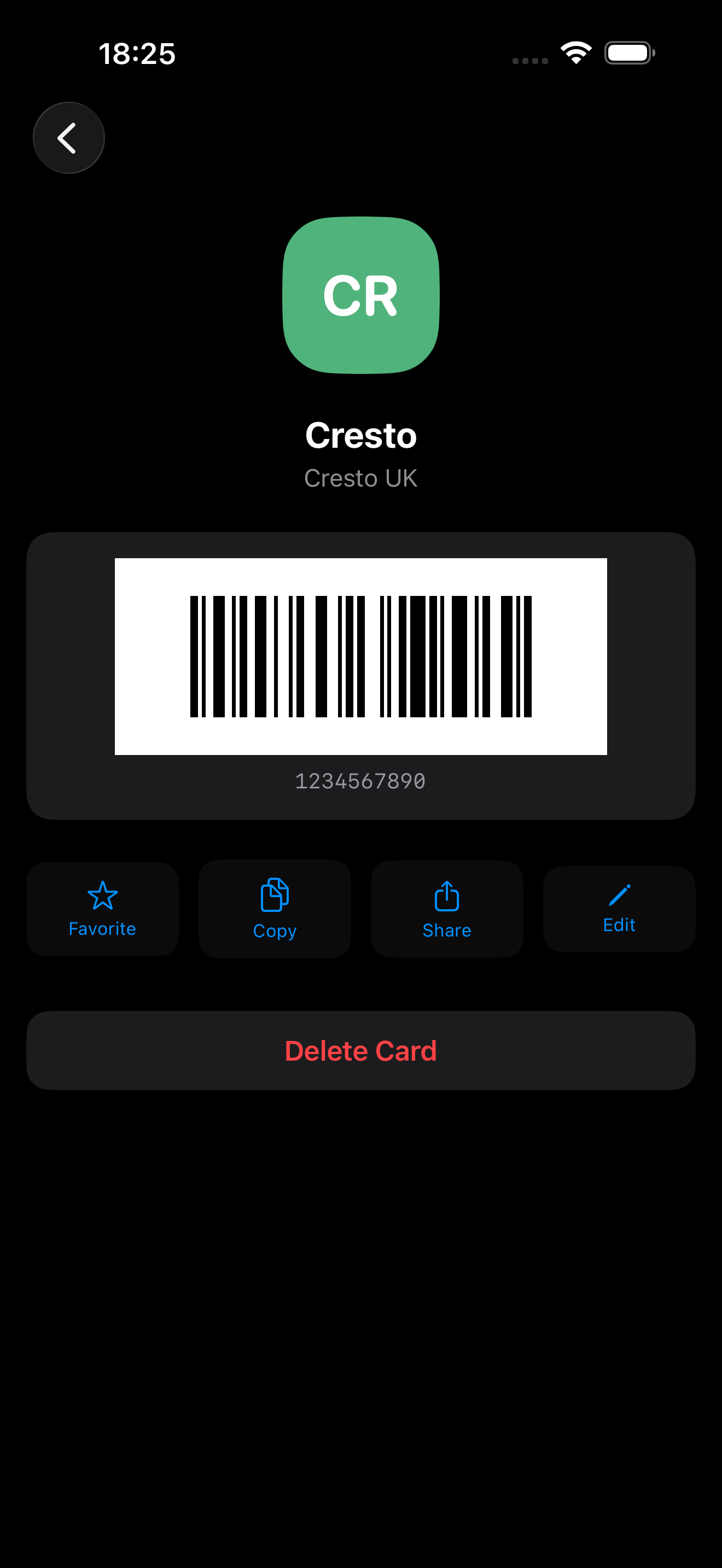 CardShelf affichant le code-barres d'une carte, disponible sans connexion