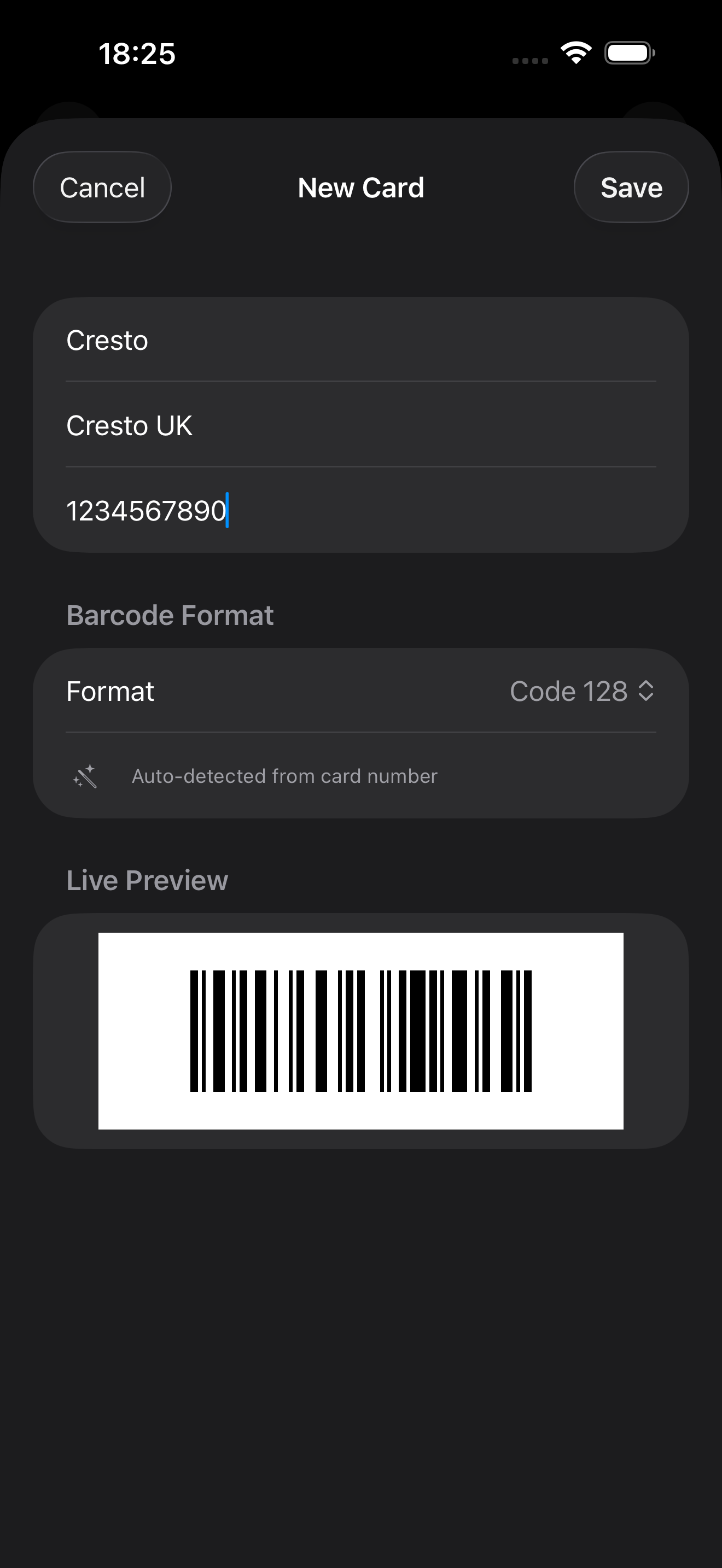 CardShelf remplit automatiquement l'aperçu du code-barres
