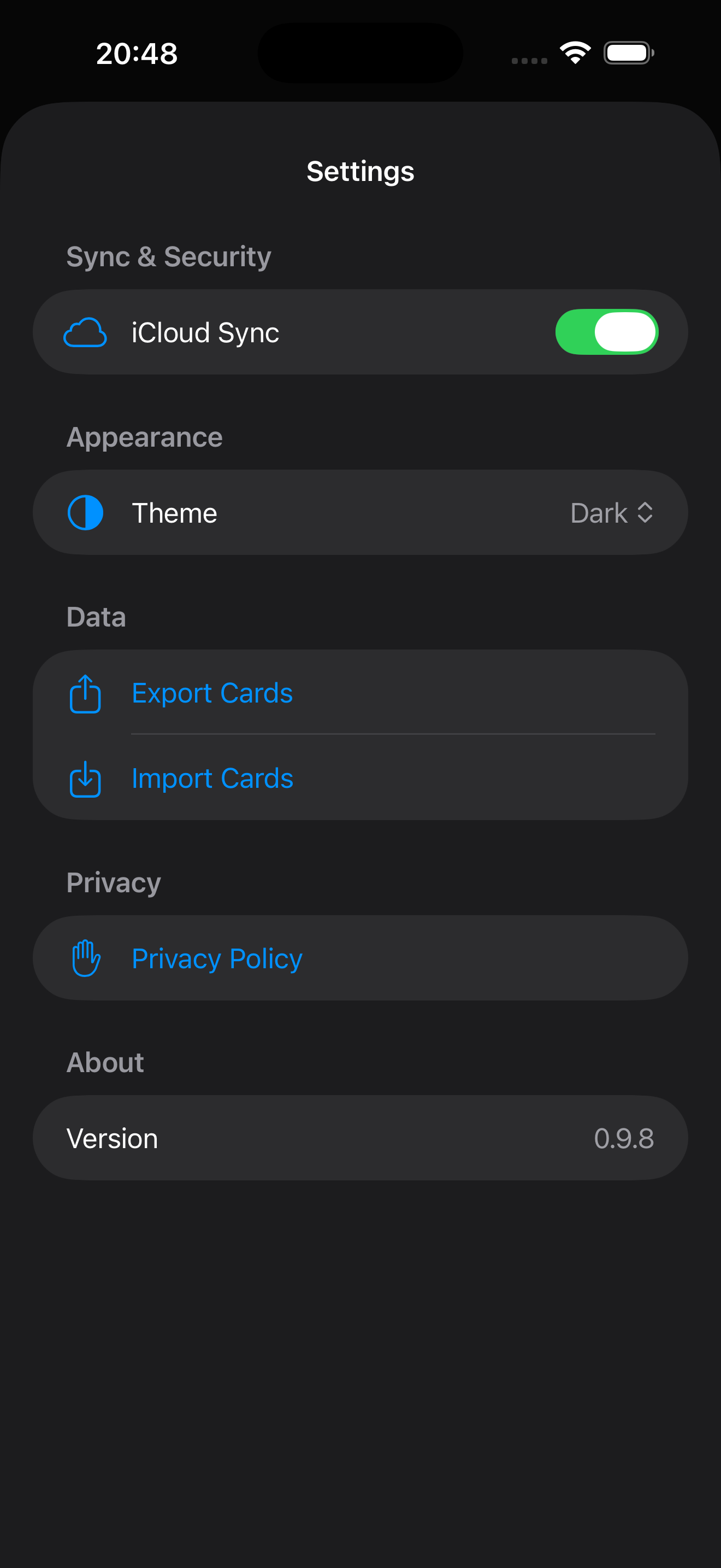 Réglage de sauvegarde iCloud dans CardShelf